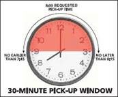 Photo of clock showing 30-minute pick-up window