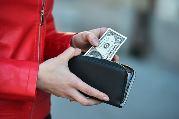 young woman takes out dollar bills from her wallet