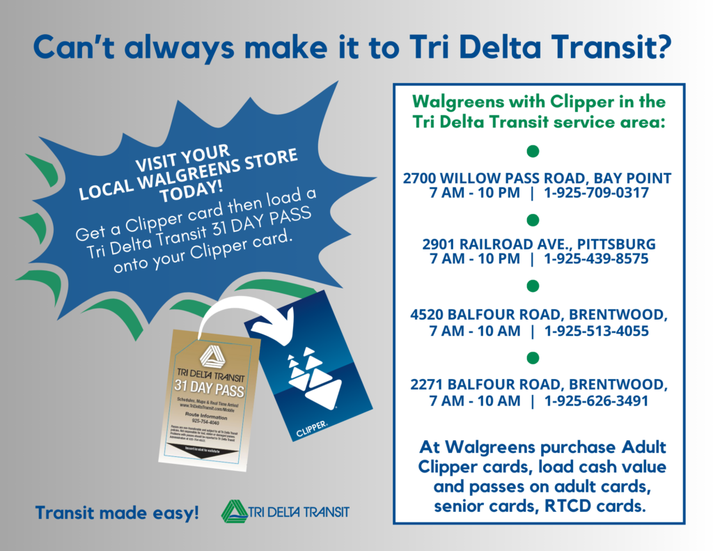 Flier on participating Walgreens that offer Clipper cards in the Tri Delta Transit service area. 