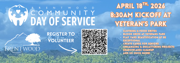 Banner showcasing the Brentwood Community Service day on April 18th, 2026. Featuring a description of the opportunities to volunteer and QR code to register