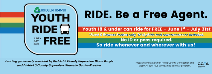 Youth Ride Free Ad. Be a Free Agent. 18 and under ride free june and july 2026 on fixed route buses.