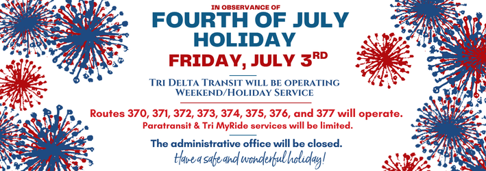 4th of July holiday bus service with fireworks starbursts in red and blue