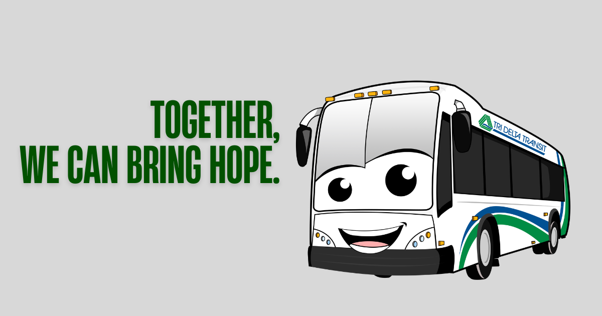 tommy transit cartoon bus with words Together, we can bring hope.